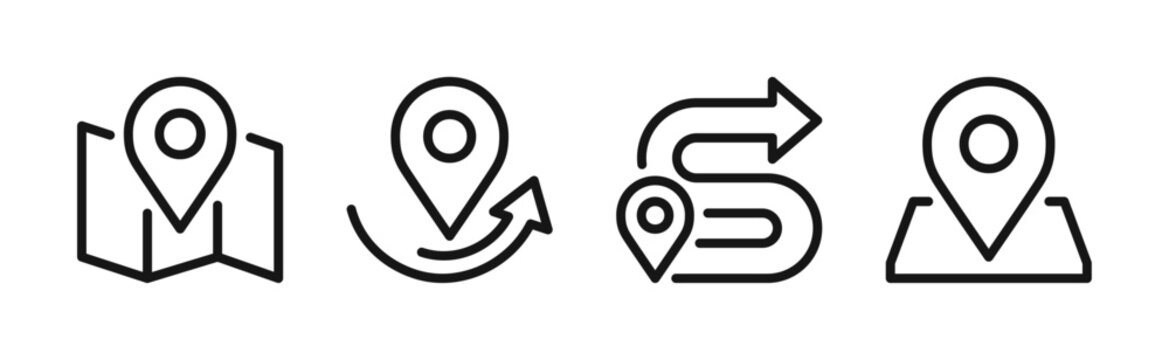 Location and navigation line icons, map markers, route planning, destination tracking and directional symbols for travel and wayfinding editable flat vector illustration.