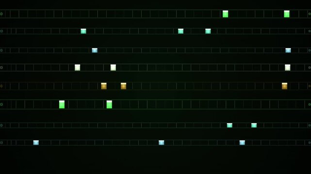 Bright colored blocks form a looping sequencer grid on a dark background