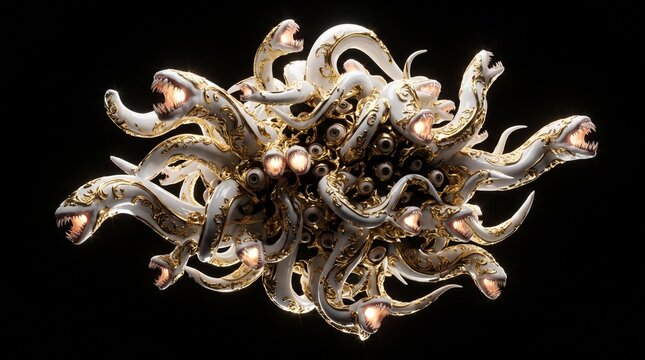 Fluid White Porcelain Tendril Creature Featuring Multiple Maws with Gold Carvings