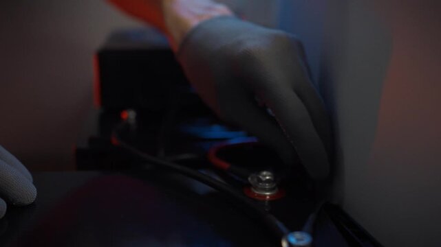 Close-up of technician tightening terminal clamps on a solar battery with a screwdriver carefully connecting positive pole power cables. Concept of reliable home backup power and solar energy storage