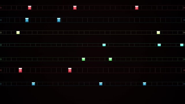 Abstract geometric shapes loop across horizontal timeline tracks