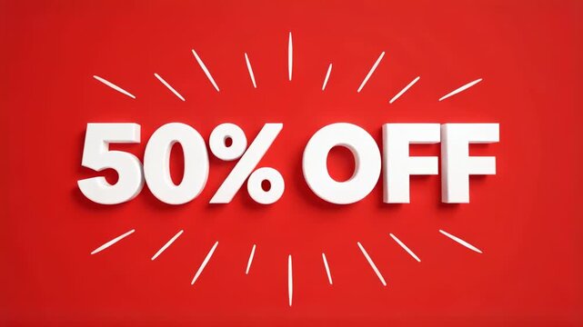 Bold 50% off sale animation with rotating yellow burst lines on a red background, ideal for ecommerce promotions, retail advertising, discounts and limited-time offers.