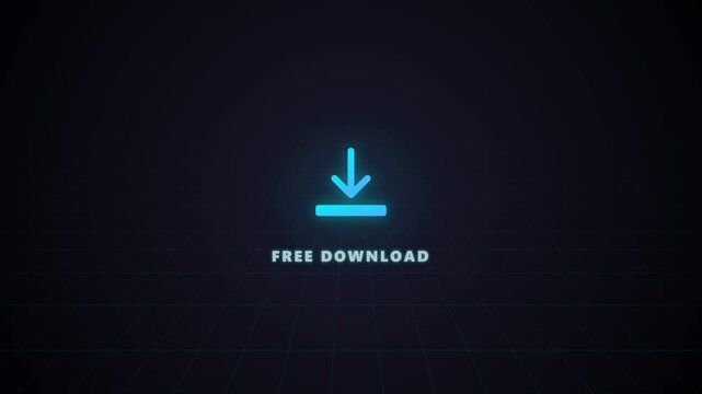 Glowing neon blue free download button with downward arrow symbol on dark digital grid background