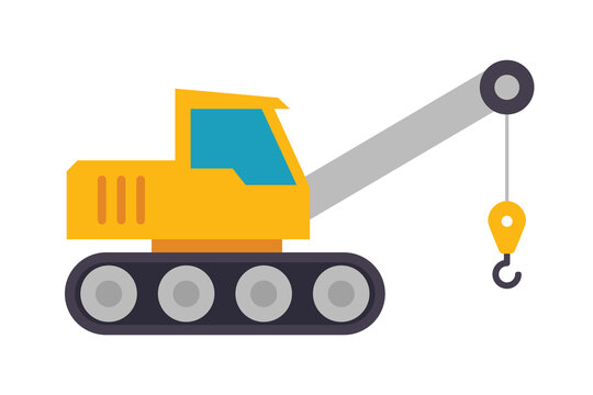 Vector illustration of industrial construction vehicle with crawler tracks and lifting hook isolated on a white background. Engineering concept