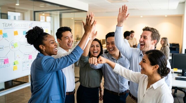 Diverse business team celebrating success with high fives in modern office