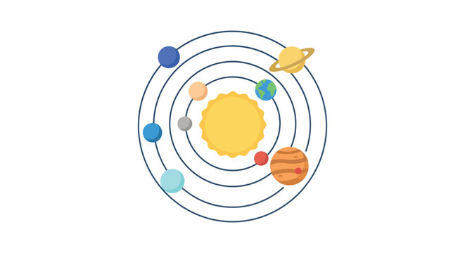 Solar system illustration depicts planets orbiting a yellow sun on a white background