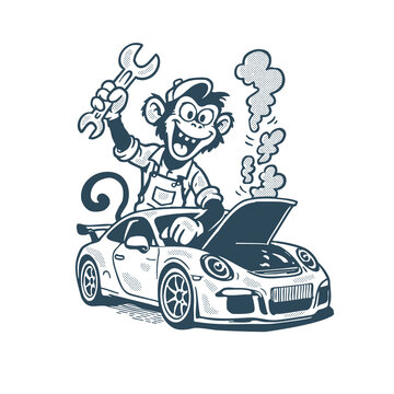 Cool monkey mechanic character fixing a sports car vector illustration, retro automotive and garage design