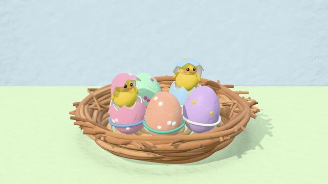 Cute clay Easter chicks peek out of pastel eggs in a twig nest, wearing eggshell caps on their heads, spring background with copy space, seamless loop
