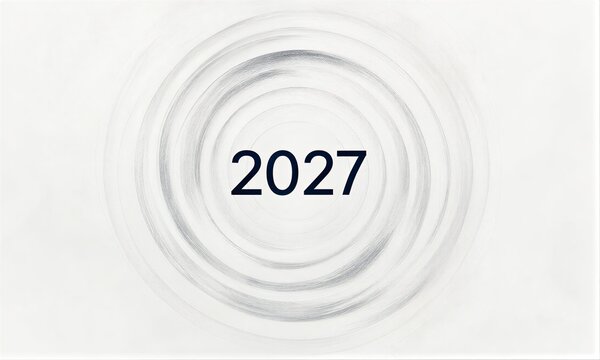 Circular pencil strokes surround bold 2027 text on a minimalist white background.