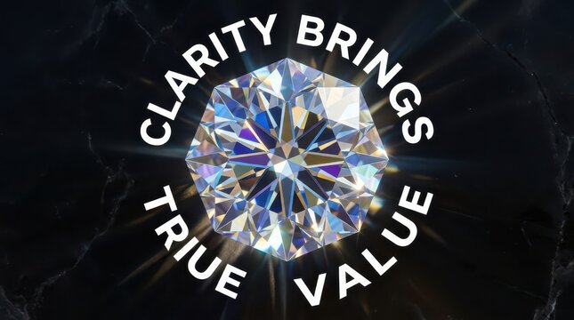 Brilliant cut diamond reflecting light with text overlay "Clarity Brings True Value"