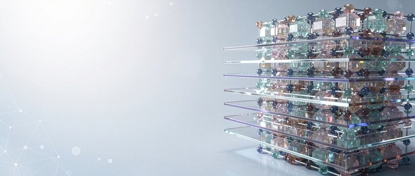 3D Abstract Render of Perovskite Crystal Lattice Nanostructure with Transparent Electrode with Copy Space (21:9 Web Header)