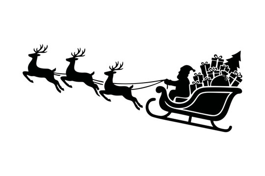 anta Claus flying in sleigh with reindeers silhouette vector