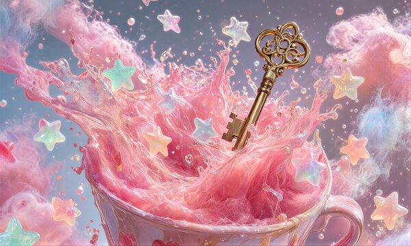 Golden key erupts from pink liquid, stars swirl in magical cup.