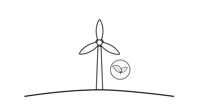 Wind turbine animated black line art renewable energy with eco leaf icon on white background.