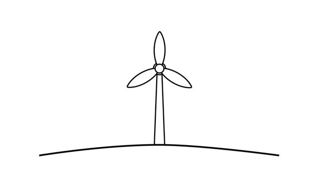 Wind turbine animated black line art renewable energy spinning on white background.