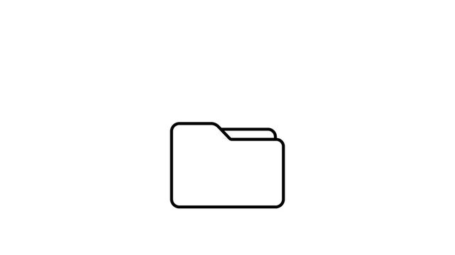 File folder animated black line art documents flying into a folder on white background.