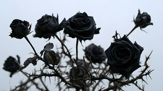 Thorny black rose bush with dark blooms and thorns
