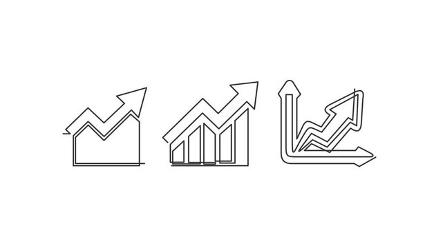 Continuous line animation of three business graphs with arrows pointing up, growth and success, finance and analytics concept