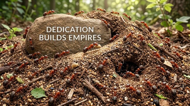Ant colony building an empire on a rock with inspirational quote about dedication