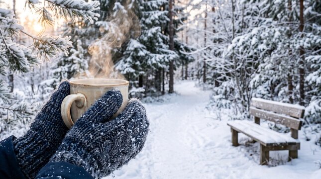 Person holding steaming mug in winter forest with snow-covered bench