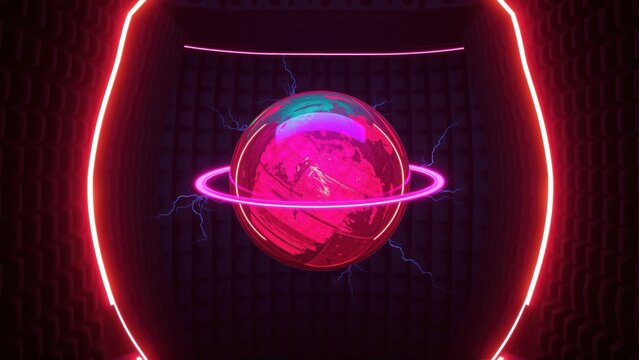 Glowing sphere within neon frame. Energy arcs surround planetoid. Dark background emphasizes vibrant colors, futuristic design.
