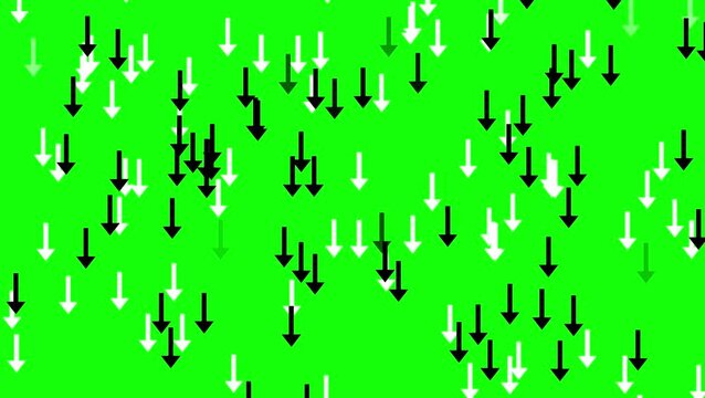 Falling black and white arrows motion graphic on green screen background.