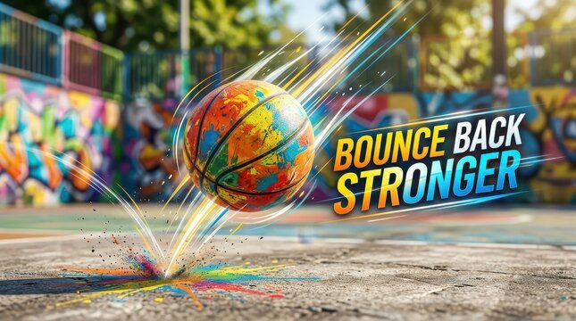 Basketball bouncing with vibrant paint splash and motivational text 'Bounce Back Stronger'