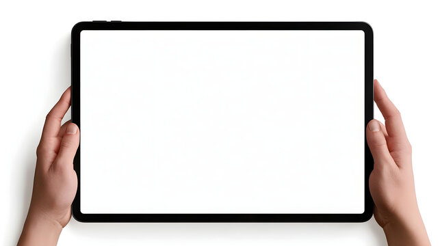 Two hands holding digital tablet mockup. Front view of blank screen in landscape isolated on white background background design. Stock Illustration