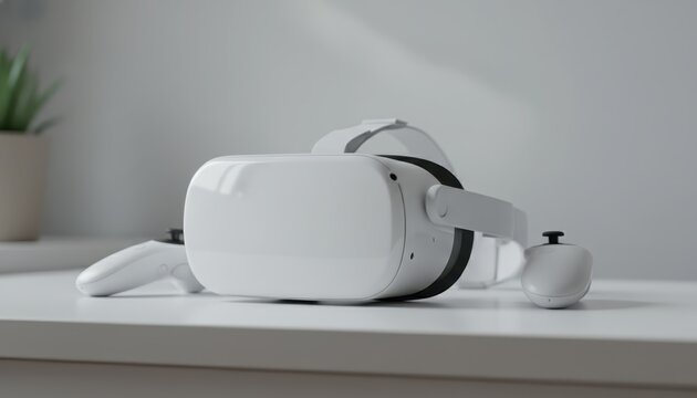 Modern White Virtual Reality Headset and Controllers on Table