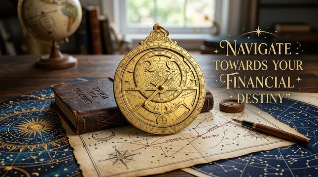 Antique astrolabe and celestial map symbolizing navigation towards financial destiny