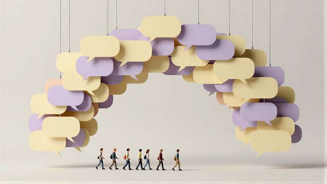 Tiny people walk under a hanging arch of colorful speech bubbles.
