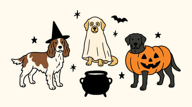 Cute set of spooky dogs in Halloween costumes including witch, ghost and pumpkin, flat vector line art illustration for t-shirt design and stickers.