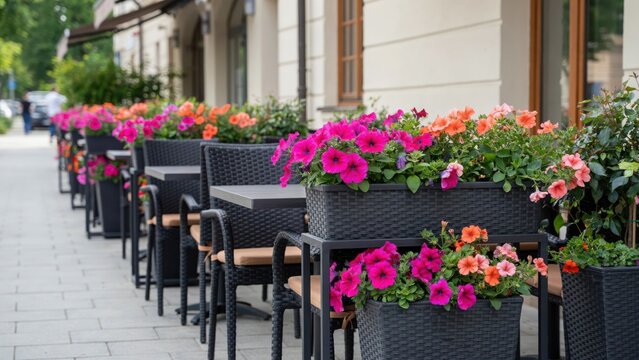 Outdoor restaurant terrace decorated with colorful blooming petunia flower boxes under bright daylight. Ideal for travel and hospitality editorial themes.