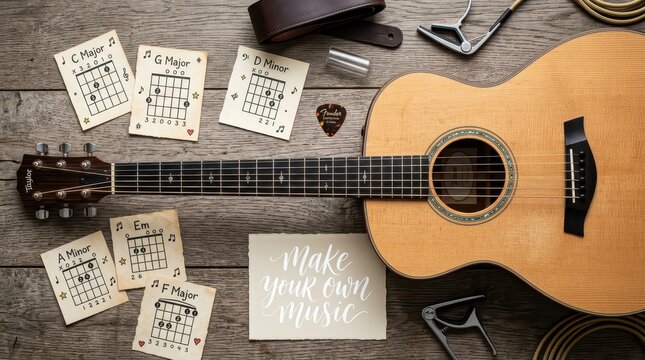 Acoustic guitar with chord charts and accessories on a wooden table, music learning concept