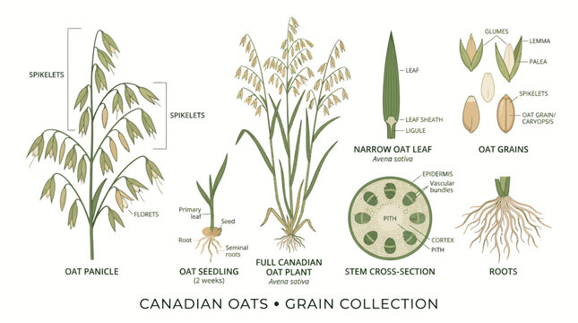 Very beautiful realistic flat vector botanical collection featuring Canadian oat plant, young seedling, delicate oat panicles, narrow leaves, oat grains, roots, stem cross-section, label "CANADIAN OAT
