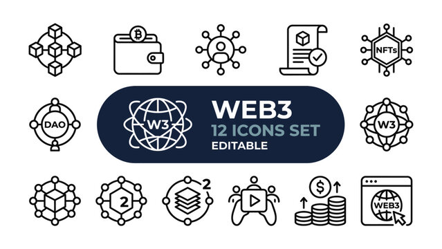 Web3 Technology Icons Set: A comprehensive collection of editable outline icons representing Web3 concepts, blockchain technology, decentralized applications, NFTs, and cryptocurrency.