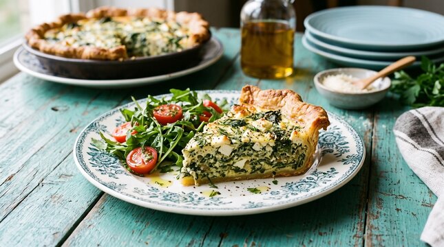 Delicious savory spinach and feta cheese quiche slice served on a decorative plate alongside fresh arugula cherry tomato salad upon a rustic blue wooden dining table surface in a cozy kitchen setting