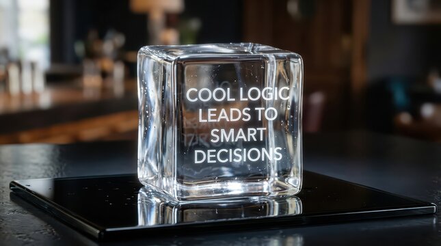 Clear ice block with engraved text about logic and decisions on a dark reflective surface