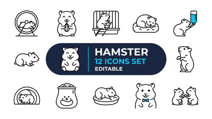 Fototapeta premium Hamster Icon Set: A collection of twelve editable line art icons depicting various activities of a hamster, including running on a wheel, eating, sleeping, and drinking.