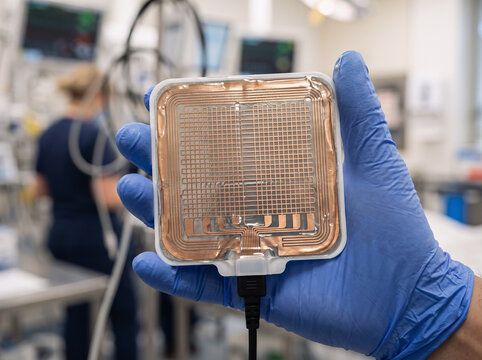 close-up of emergency medical worker's gloved hands holding an unbranded defibrillator electrode pad with attached cable, blue nitrile gloves, modern emergency medical environment