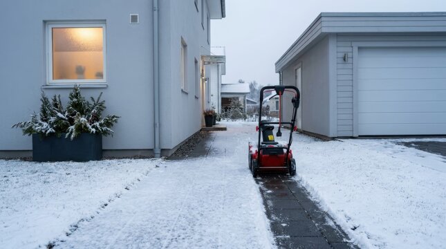 Snow blower clearing snow from walkway between house and garage in winter. Cleared path on snowy driveway of modern home. Snow removal equipment and winter maintenance concept.