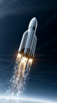 Heavy launch vehicle ascending into orbit with powerful engine thrust. Space mission lifting off over planet Earth's atmosphere