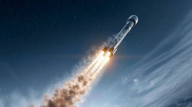 Powerful carrier rocket launching into the sky through clouds and ascending towards the stars on a space mission