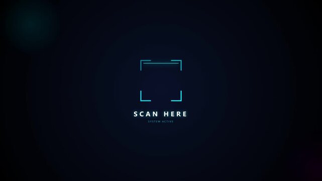 Digital futuristic scanner frame interface design with neon blue glowing elements on dark background