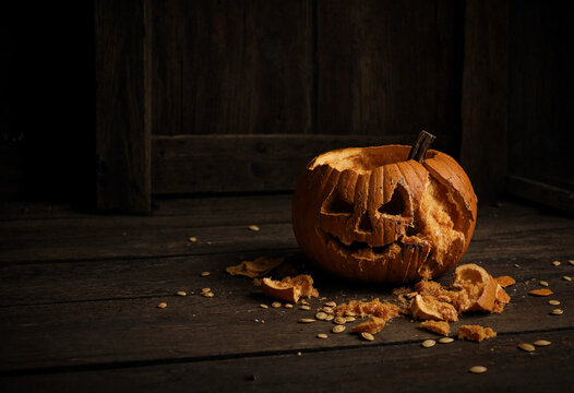 Smashed Jack O Lantern, Halloween Pumpkin and Broken Pumpkin Spooky Decoration with Copy Space