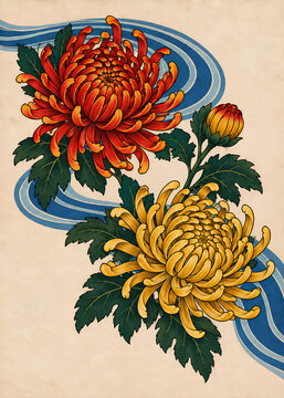 Red and Yellow Chrysanthemums with Flowing Water &ndash; Japanese Irezumi Tattoo Style Illustration