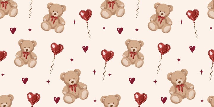seamless pattern with teddy bear&rsquo;s and hearts balloons on light pink background 
