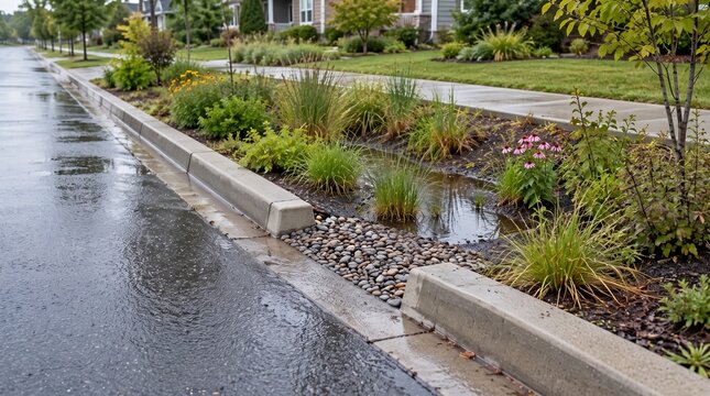 Curbside rain garden collecting stormwater after rain