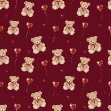 seamless pattern with teddy bears cute celebration decor or textile fabric print burgundy color 