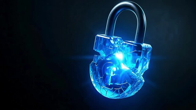 Cyber Security Data Breach Concept Featuring Broken Glowing Glass Padlock Shattering Apart with Red Energy Fracture on Dark Background 